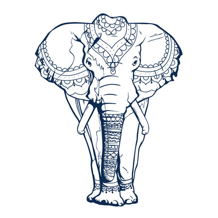 Illustration of an elephant in the national patterns of India. The elephant is coming straight at us. Isolated on a white background.Illustration in ink hand drawn style.のイラスト素材