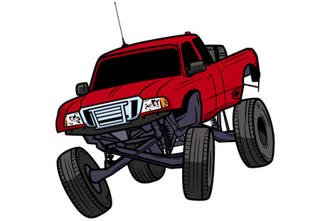 A contour drawing of a red SUV with huge wheels flying through the air. The illustration is hand-drawn in ink.のイラスト素材
