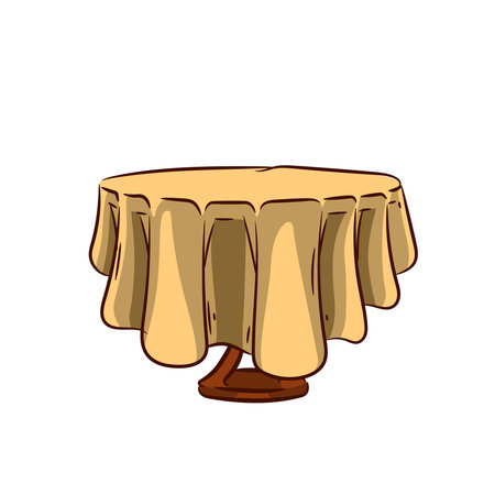 Illustration of a brown round shaped table covered with a beige tablecloth.Isolated on a white backgroundのイラスト素材