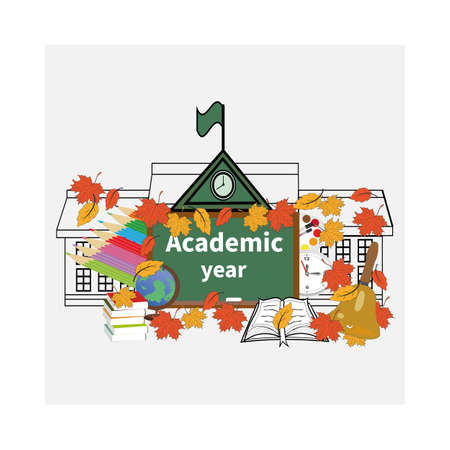 Training and education concept. University cap on an open book. School supplies for drawing. Trendy flat vector style.のイラスト素材