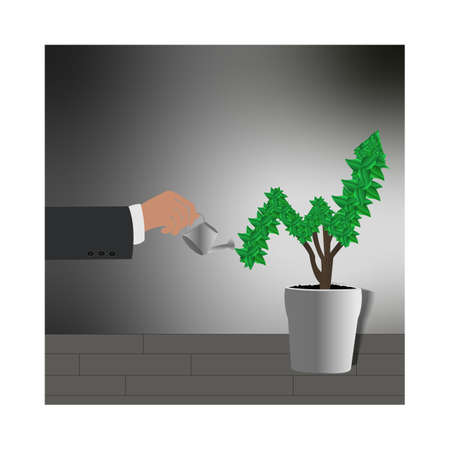 Businessman watering business tree. Planning and growing strategy business concept. Vector flat illustration. Man on city background.のイラスト素材
