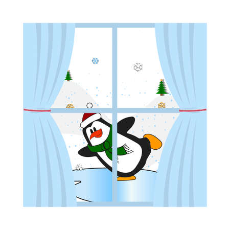 Little penguin on the rink. Winter, snow, spruce and sun. Vector illustration in hand drawn, Doodle style. Cute baby printのイラスト素材