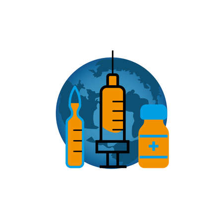 World vaccination vector banner. Syringe needles for the  virus vaccine are being injected all over the planet.のイラスト素材