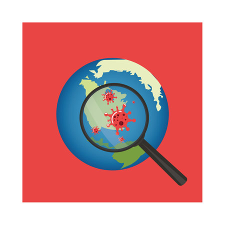 globe and magnifying glass vector graphics on red backgroundのイラスト素材