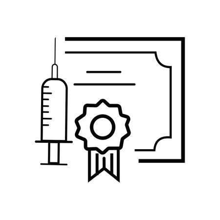 medicine vaccine certificate. Vaccinated against the corona virus. Covid-19 vaccination certificate with check mark. Medical card for medical care. Vector illustration.のイラスト素材