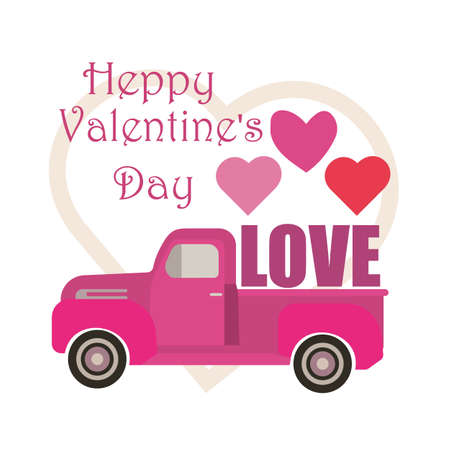 Vector illustration of a vintage truck carrying valentine heart. Happy Valentine's Day greeting card templateのイラスト素材