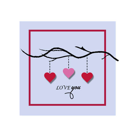 Love elements hanging on the branch for invitation or poster. Festive tree with paper heart shaped leaves. Valentines Day.のイラスト素材