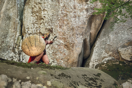 Mature Spartan warrior in the woodsの写真素材