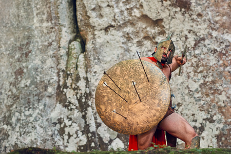 Mature Spartan warrior in the woodsの写真素材