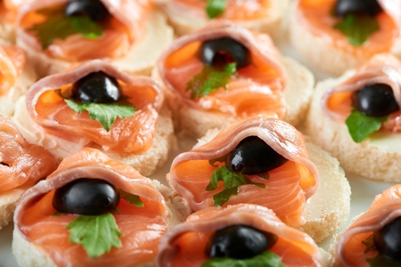 Little bruschetti with salmon and black olivesの写真素材