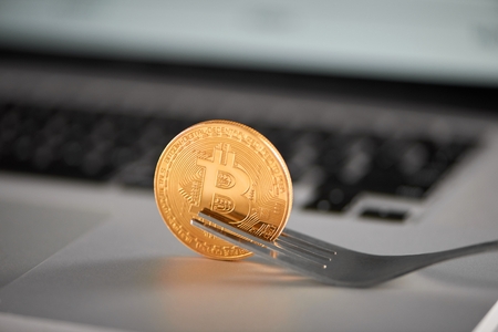 Main cryptocurrency golden bitcoin hold on a fork on a silver laptop, blurred background.の写真素材