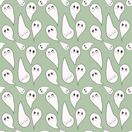 Funny pattern of emotional ghosts on light green background. Concept of halloween and autumn holidays. Angry, happy and sad ghosts with big eyes and pink faces.の写真素材