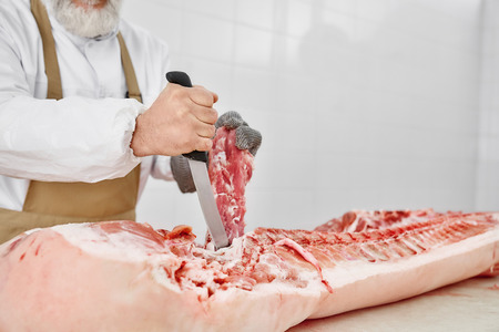 Close up of raw chopped pork carcasses and male hands with knife. Butcher in white uniform and brown apron working in meat shop, cutting fresh, raw meat. Meat manufacturing.の写真素材