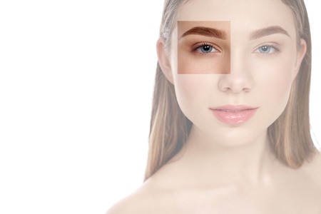 Faded portrait of model with square showing blue eye and eyebrow on face of beautiful, gorgeous girl. Pretty, charming lady with clean perfect skin looking at camera, posing.の写真素材