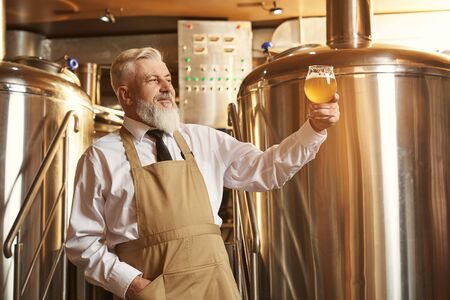 Professional brewer standing near storage tank and holding in one hand lager beer glass. Elderly bearded man with pleasure looking at beer, testing.の写真素材