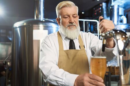 Handsome brewer pouring in glass cold beer with beer tap. Elderly worker standing in modern mini...