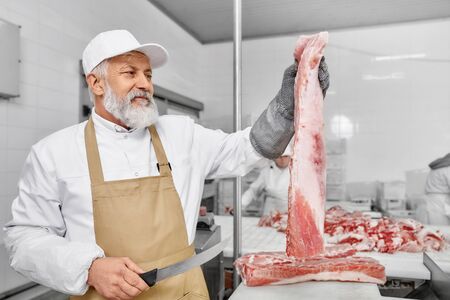 Worker of meat factory with gray beard working on meat production. Butcher in white uniform, white...