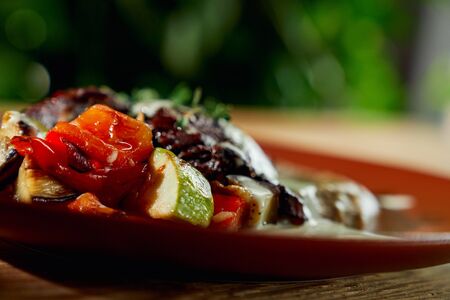 Main dish in restaurant. Grilled vegetables with duck steak and sauce served on plate.