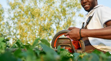 Close up of african male worker in uniform and protective glasses keeping hedge trimmer for cutting...