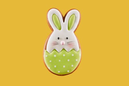 Easter homemade bunny cookie covered with green and white glaze. One delicious gingerbread isolated...