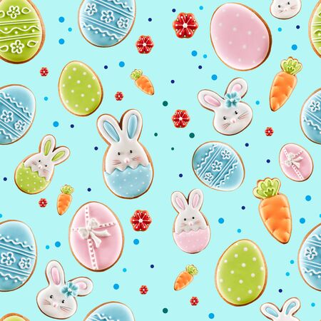 From above view of ginger glazed cookies and colorful points isolated on blue background. Close up...