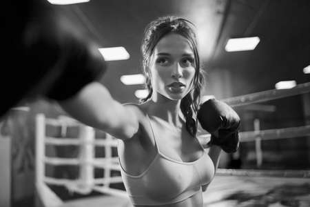 Front view of fit concentrated brunette woman wearing boxing gloves. Black and white close up of young attractive fighter posing and showing hit on boxing ring. Concept of sport, boxing.の写真素材