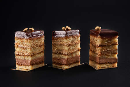 Closeup view of three square slices of fresh brown chocolate cake with glazed top and coffee seed....
