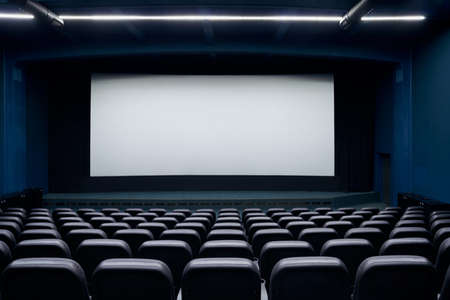 Empty cinema hall with screen and black row chairs. Concept of empty modern movie theatre.の写真素材
