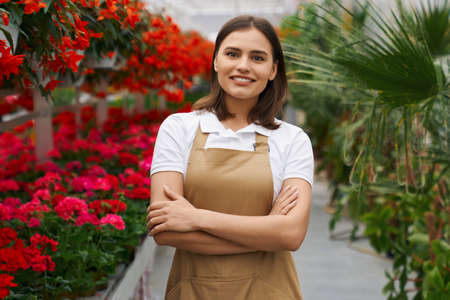 Beautiful young woman with brown hair holding hands crossed while posing at greenhouse. Smiling florist in beige apron working with various colorful flowers.の写真素材