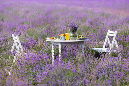 White table served with food, drinks for two and vase with lavender bouquet outdoors. Amazing decoration with two wooden chairs in blooming lavender field. Concept of nature, cuisine.の写真素材