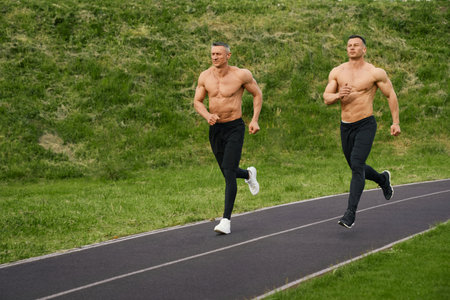 Two strong bodybuilders with bare torso running together on outdoors stadium. Caucasian male athletes having workout on fresh air. Concept of people and lifestyles.の写真素材