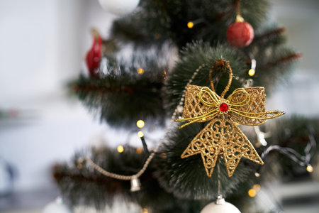 Close up of Christmas tree with beautiful toys. Concept of December event, Christmas tree decoration.の写真素材