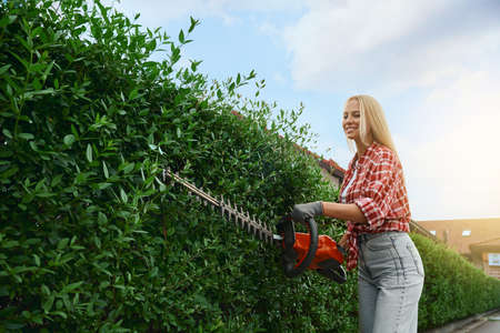 Pretty young woman with blond hair trimming bushes outdoors. Female gardener gloves using hand electric machine. Landscaping process.の写真素材