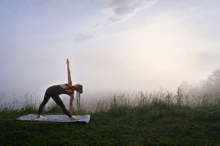 Active woman with long braids having morning yoga workout among green nature. Young slender female in black sport clothes enjoying outdoors training.の写真素材