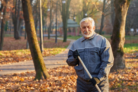 Senior service worker looking at camera, while gathering fallen leaves at daytime. Portrait of bearded man in age, cleaning up, working in city park, with blurred background. Concept of seasonal work.の写真素材