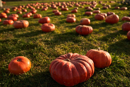 Various ripe orange pumpkins at community pumpkin patch. Front view of pumpkins in pumpkin patch...