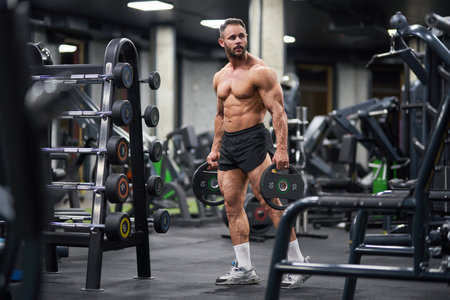 Strong serious weightlifter holding plates for barbell in gym. Side view of muscular sporty guy...