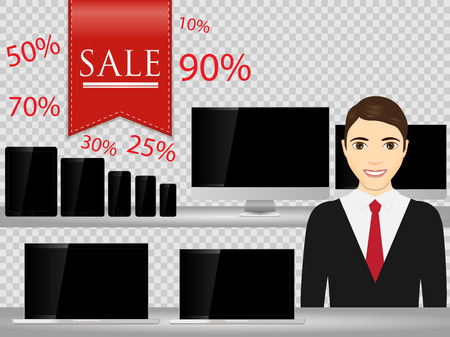 Salesperson at supermarket, selling computer, smartphone, laptop, tablet. Sales technology devices. Vector illustration.のイラスト素材