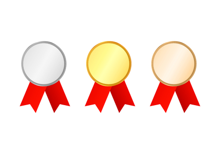 Award Medals with ribbons set. Collection of gold, silver and bronze medals isolated on background. Vector illustration.のイラスト素材