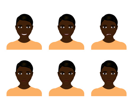 Young man face expressions composite isolated on white background. Vector illustration. Flat design. Man with different facial expressions set.のイラスト素材