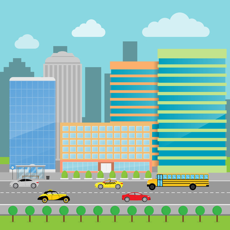 Cityscape flat style. Modern big hight skyscrapers town. Cars on a road in the city. Urban street landscape. Vector illustration. Eps 10.のイラスト素材