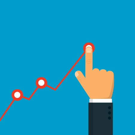 Hand touching up holding chart arrow. Profit concept. Businessman manages financial growth graph. Vector illustration. Eps 10.のイラスト素材
