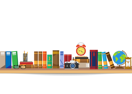 Book shelf. Bookstore indoor. Bookshelves with different books set. Home library interior. Reading and learning, knowledge and education.isolated on white background. Vector illustration.のイラスト素材