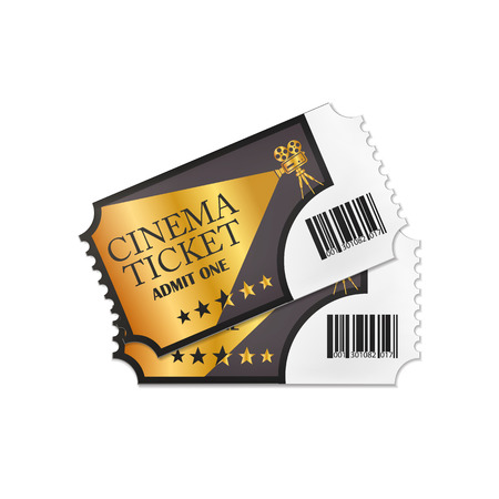 Two designed retro cinema tickets close up top view isolated on white background. Vector illustration. Eps 10.のイラスト素材