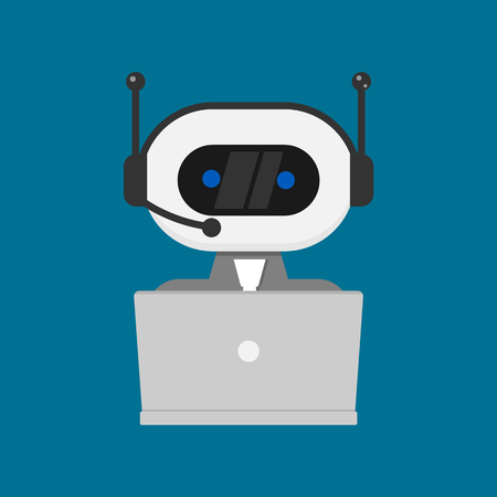 Robot working behind laptop. Vector illustration. Eps 10.のイラスト素材