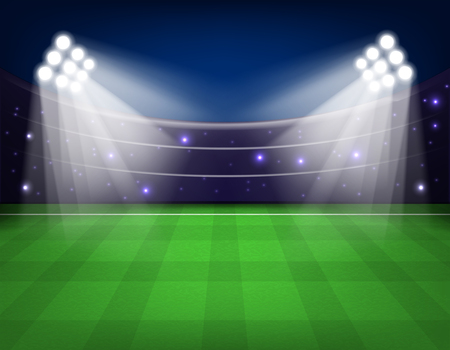 Soccer stadium with illumination, green grass and night sky Vector illustration. Eps 10.のイラスト素材