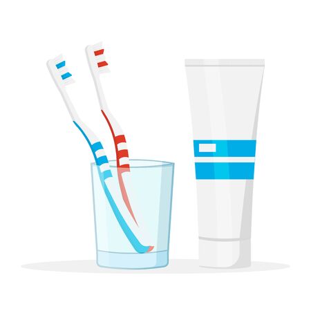 Pair of toothbrushes in a glass with tube of toothpaste isolated on background. Vector illustration. Eps 10.のイラスト素材