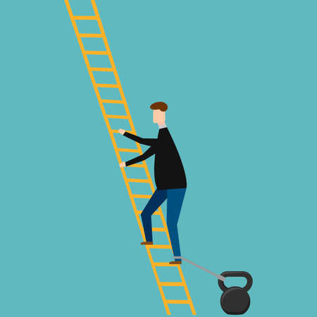 Character wants to move a heavy weight with the inscription Financial crisis concept. Vector illustration.のイラスト素材