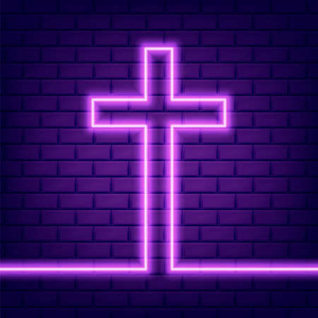 Christian cross glowing neon sign or LED strip light. Vector illustration. Eps 10.のイラスト素材