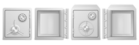Realistic metal safe with opened and closed door isolated on white background. Vector illustration.のイラスト素材